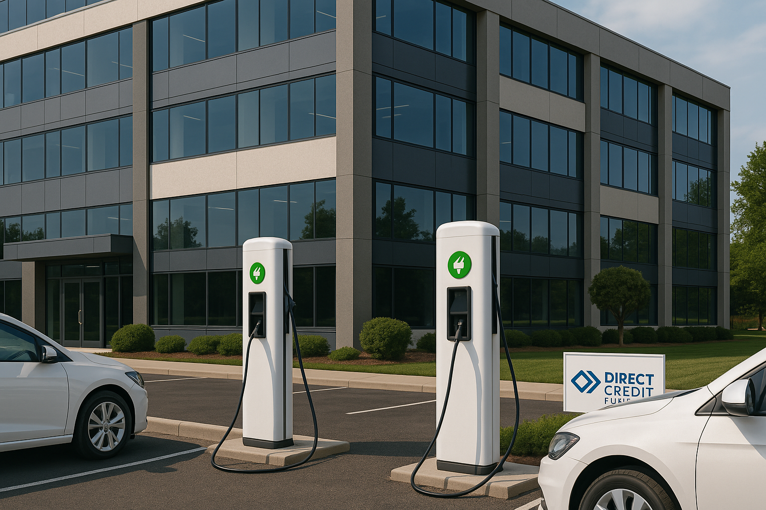 EV charging stations at a business financed by Direct Credit Funding.