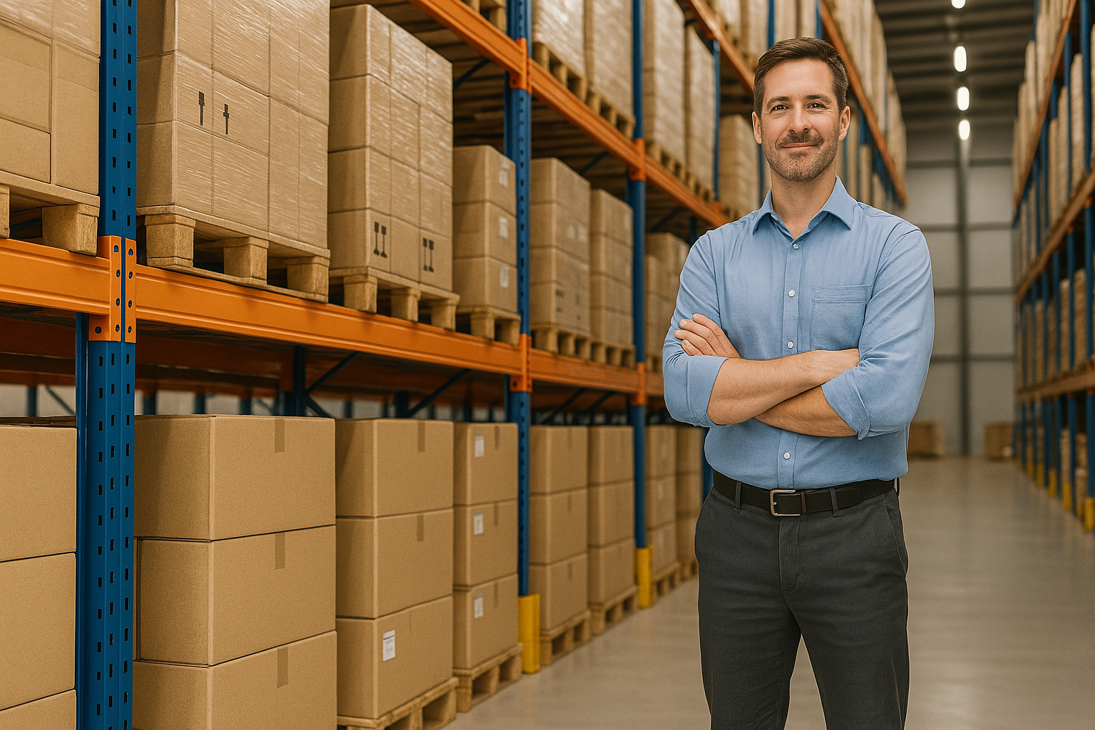 Warehouse manager with pallet racks financed by Direct Credit Funding.