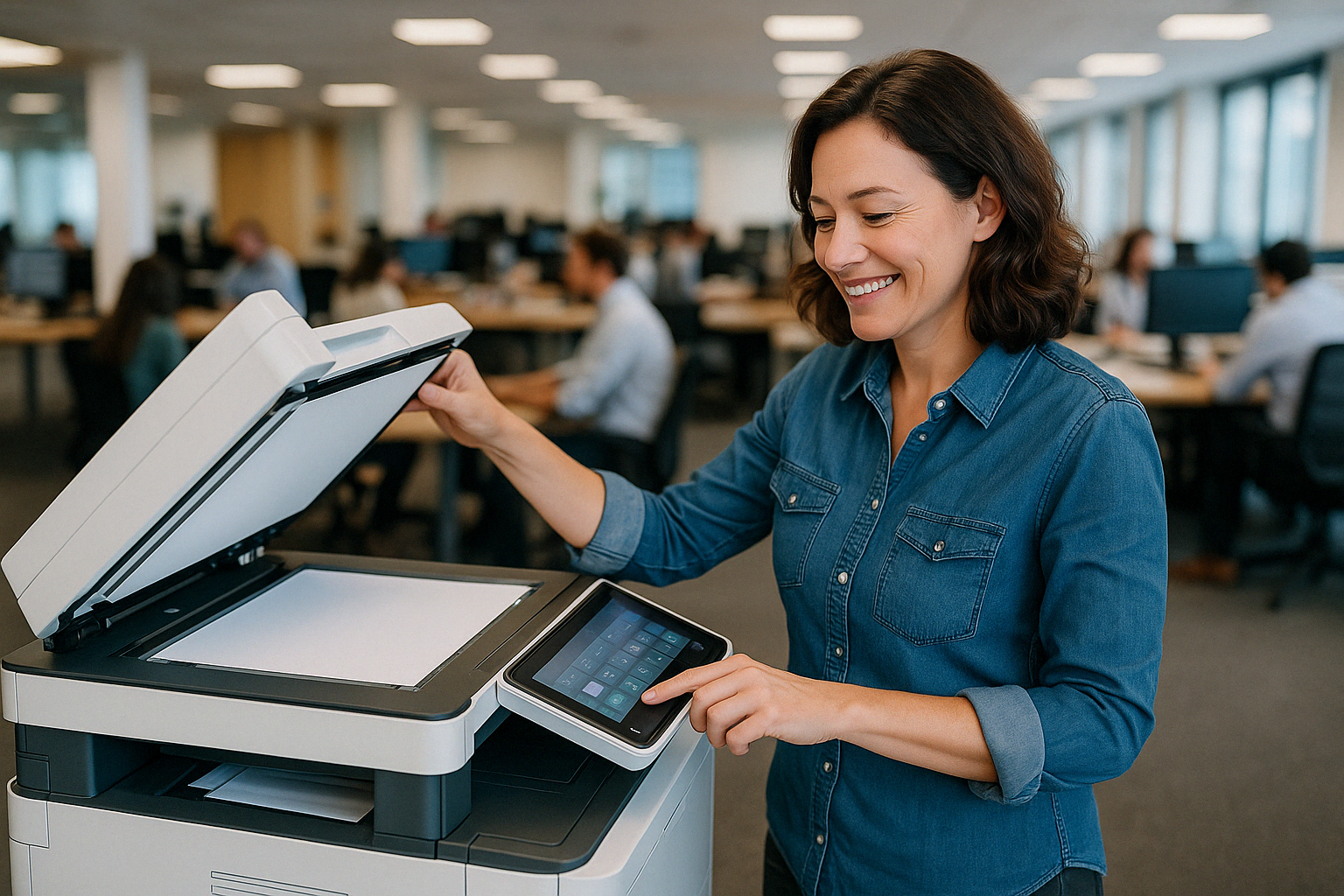 Business owner with copier financed by Direct Credit Funding.