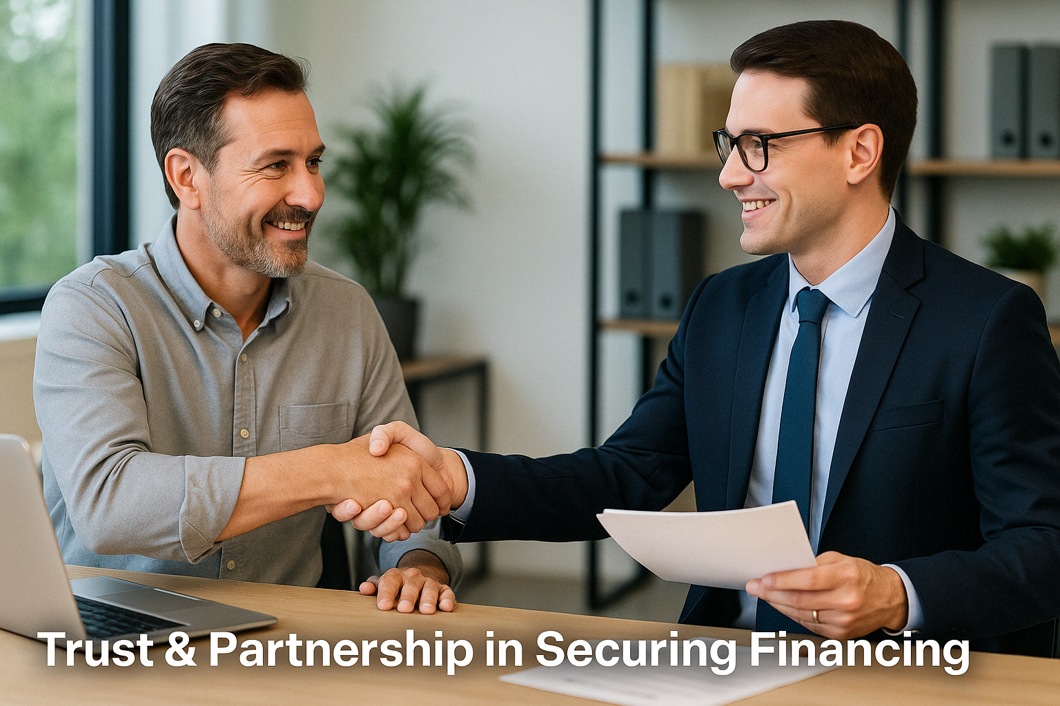 Business owner and Direct Credit Funding expert sealing an equipment financing deal.