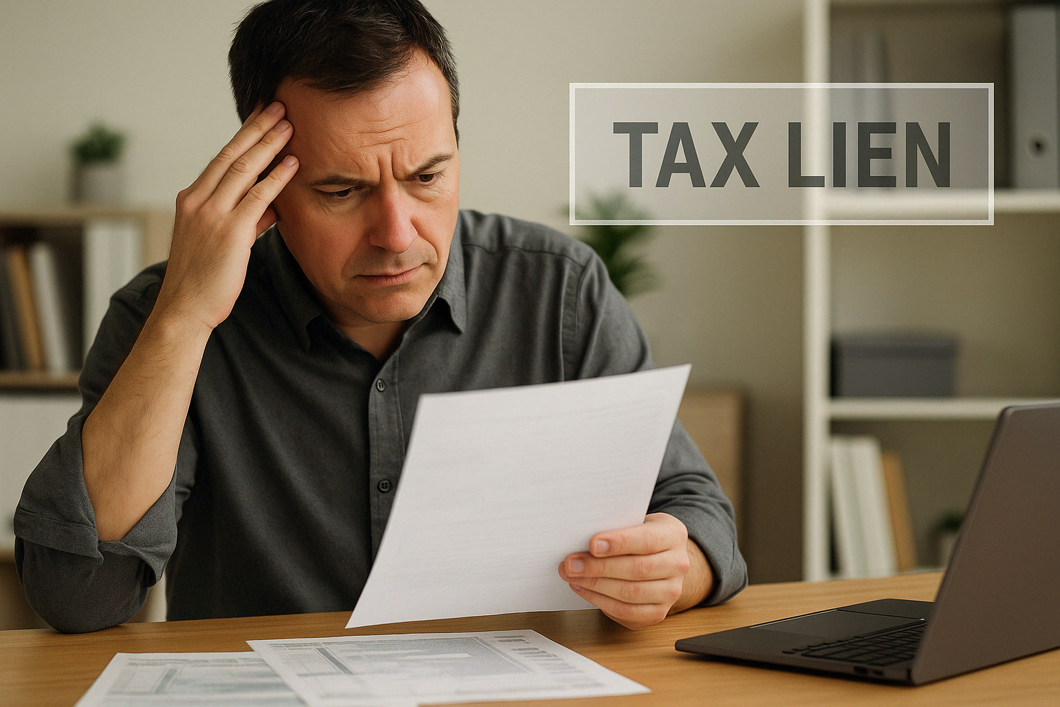 Business owner reviewing tax lien documents.