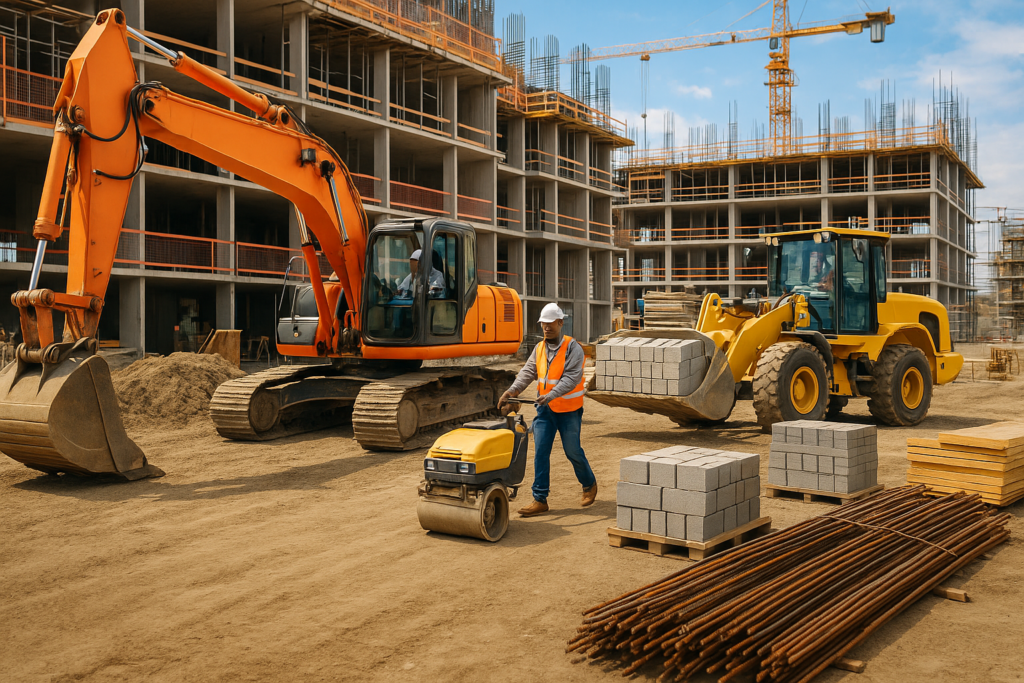 Construction financing in action at a bustling building site, showcasing funded equipment, materials, and labor for real estate projects.