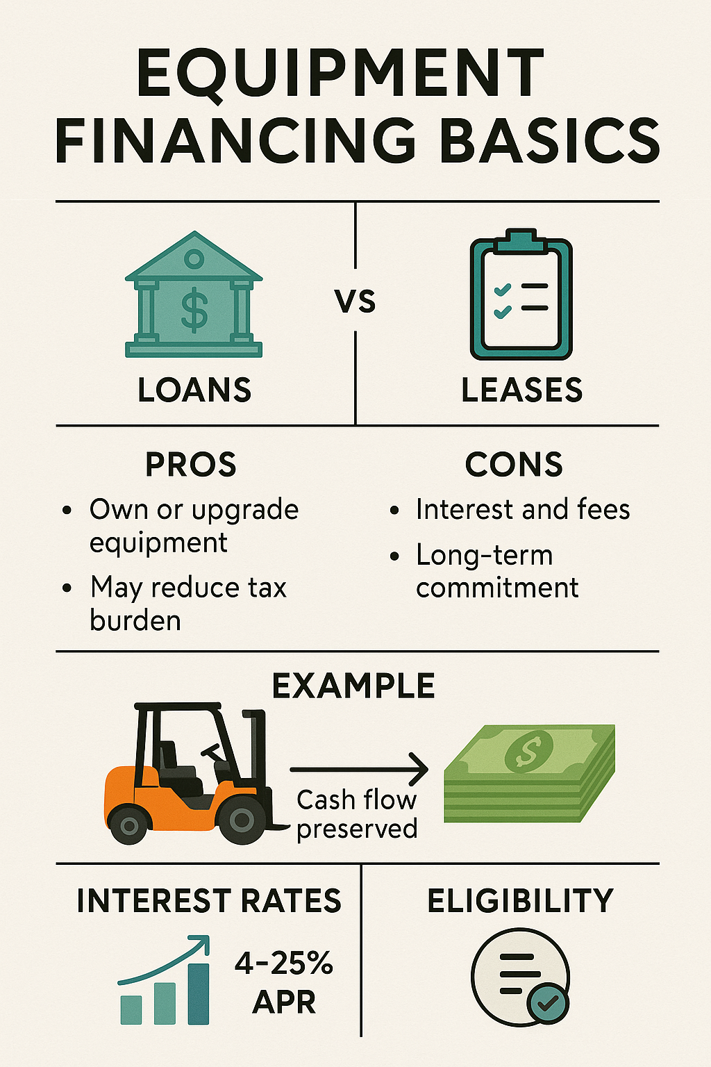 Infographic explaining what equipment financing is, including pros, cons, and examples like forklift loans