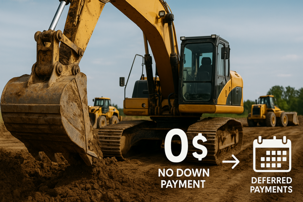 Equipment-focused financing in construction loan financing, funding machinery like excavators with no down payment and deferred options.