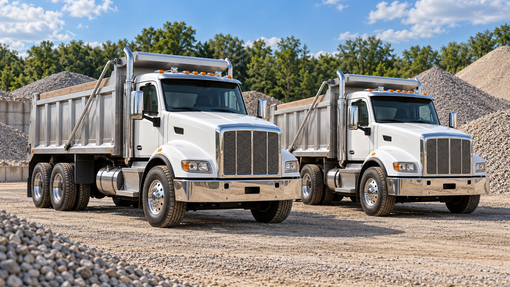 AI-generated illustration of two white dump trucks parked beside gravel piles.